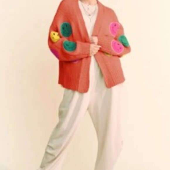 Fuzzy Smile Open Front Long Sleeve Cardigan - Picture 2 of 6